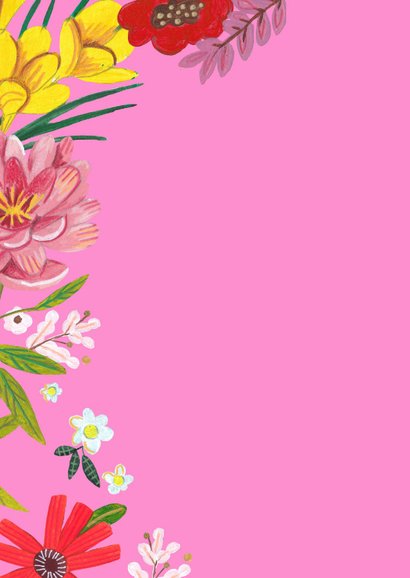 Verjaardagskaart vrolijke bloemen en foto roze 2
