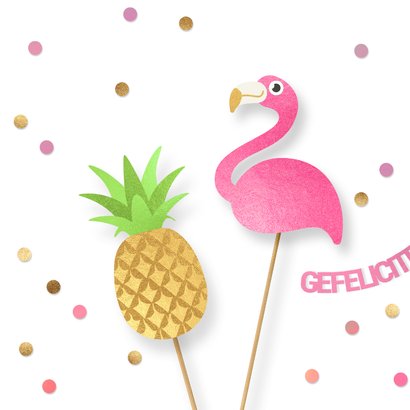 Verjaardagskaart vrolijke flamingo en ananas 2