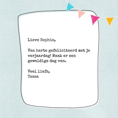 Verjaardagskaart - Vrolijke lama met cadeautjes en slingers 3