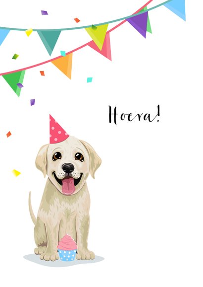 Verjaardagskaart vrolijke puppy cupcake confetti en slingers 2