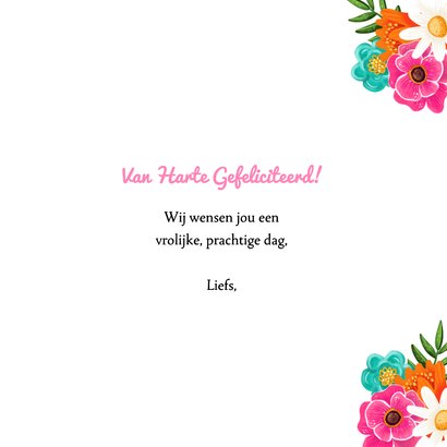 Verjaardagskaart vrouw met boeket bloemen roze met zon 3