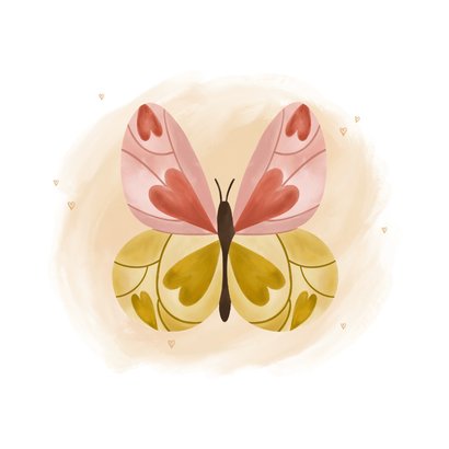Verjaardagskaart vrouw vlinder hartjes geel en roze 2