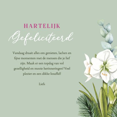 Verjaardagskaart witte amaryllisbloemen eucalyptus 3