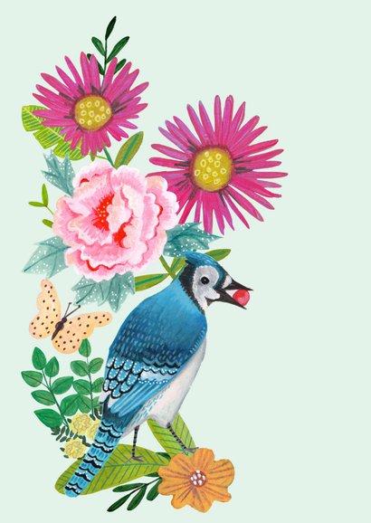 Verjaardagskaart zomer bloemen met vlinders en vogel 2