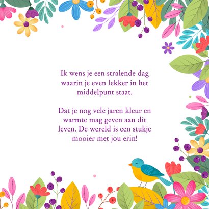 Verjaardagskaart zomers botanisch kleurrijk met vogels 3