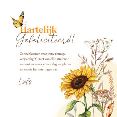 Verjaardagskaart zonnebloemen vlinder 3