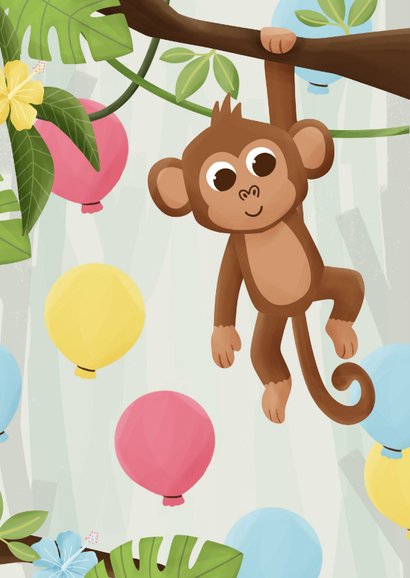 Verjaardagskaartje aapje jungle ballonnen hoera 2