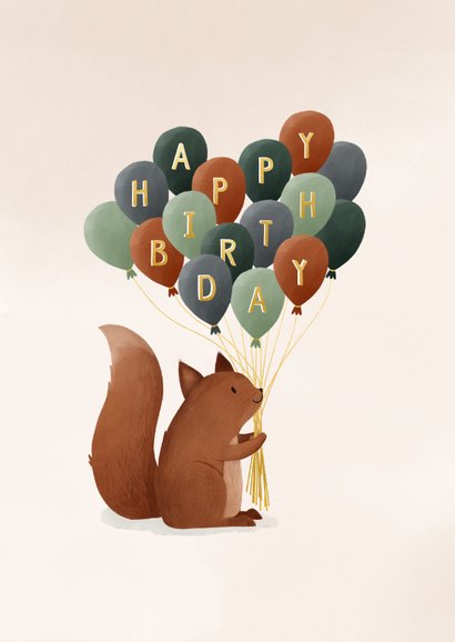 Verjaardagskaartje eekhoorn happy birthday op ballonnen 2