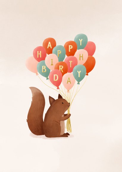 Verjaardagskaartje eekhoorn tros ballonnen happy birthday 2