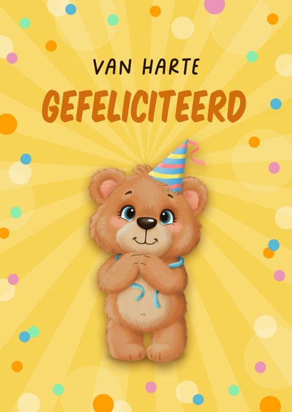 Verjaardagskaartje een blij beertje met feestmuts 2