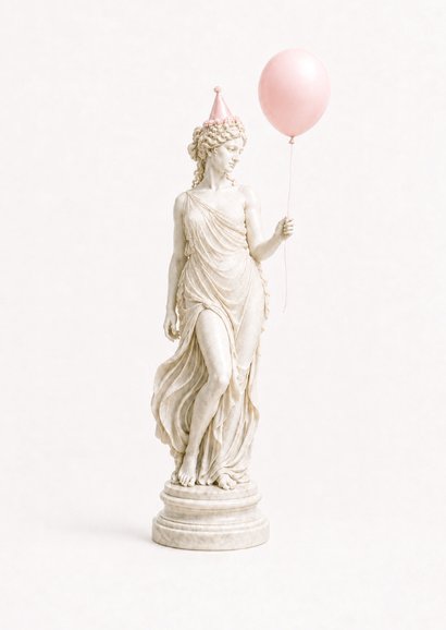 Verjaardagskaartje grappig klassiek standbeeld met ballon 2