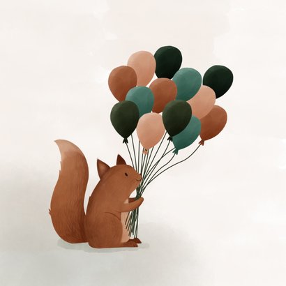 Verjaardagskaartje illustratie eekhoorn met ballonnen groen 2