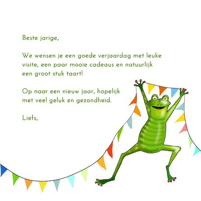 Verjaardagskaartje kikkers met vlaggetjes 3