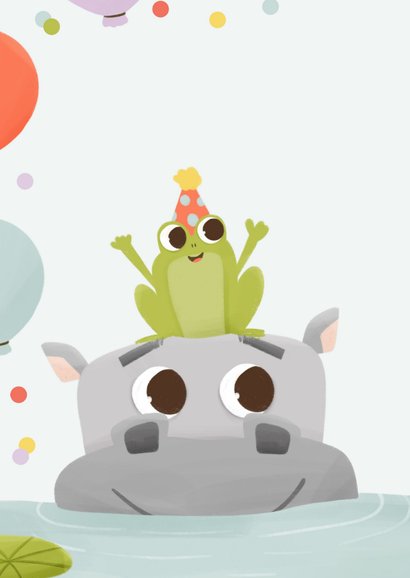 Verjaardagskaartje kind met nijlpaard en kikker ballonnen 2