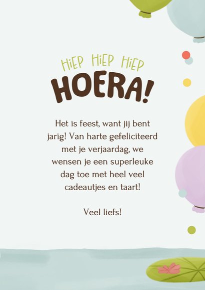 Verjaardagskaartje kind met nijlpaard en kikker ballonnen 3