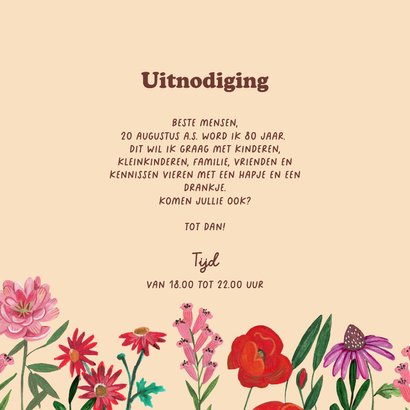 Verjaardagsuitnodiging bloemen 80 jaar kleurrijk feest 3