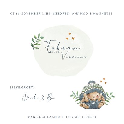 Vierkant geboortekaartje jongen met lief konijntje 3