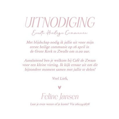 Vierkante communiekaart roze waterverf uitnodiging 3