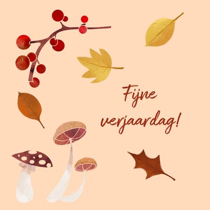 Vierkante verjaardagskaart met herfstbladeren en leuke tekst 2
