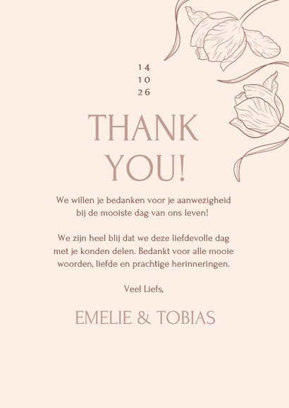 Vintage beige bedankkaart bruiloft met sierlijke bloemen 3