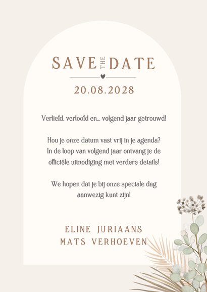 Vintage bohemian Save the Date kaart met droogbloemen  3