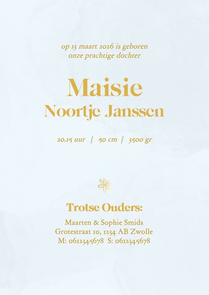 Vintage geboortekaartje met waterverf bloemen en goud 3