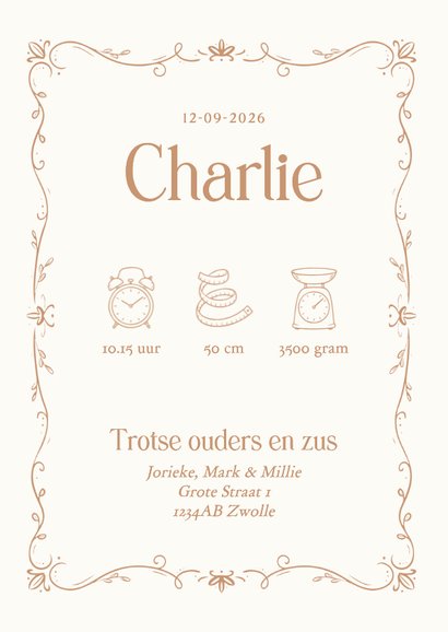 Vintage geboortekaartje met wieg en grote zus beige 3