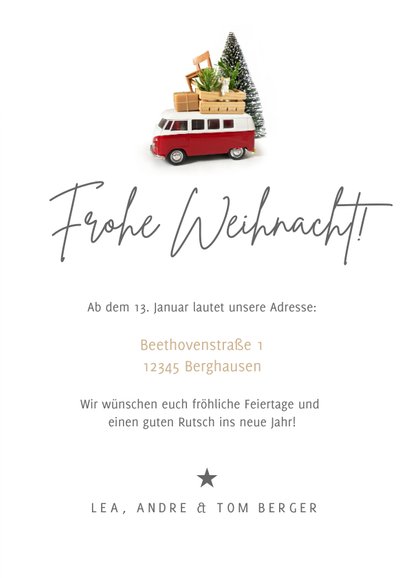 Vintage Umzugs-Weihnachtskarte mit VW Bus und Möbeln 3