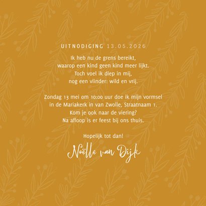 Vormsel communie uitnodiging stijlvol oker en takjes 3