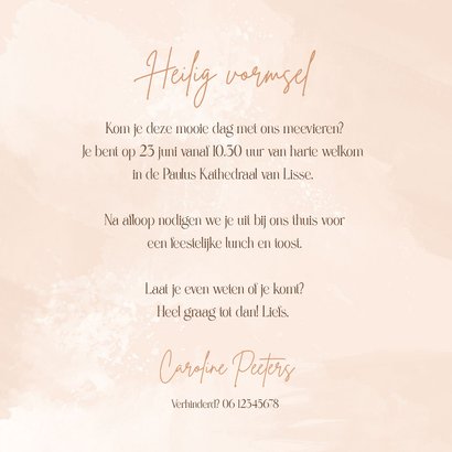 Vormsel uitnodiging foto waterverf zalmroze stijlvol 3