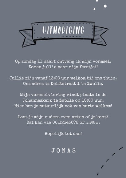Vormsel uitnodiging jongen doodle illustraties slingers 3