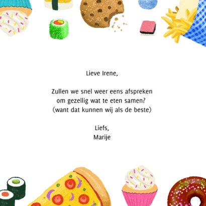 Vriendschap kaart met lekker eten sushi donuts cupcakes 3