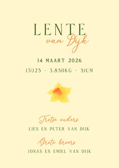 Vrolijk geboortekaartje geboortebloemen narcis 3