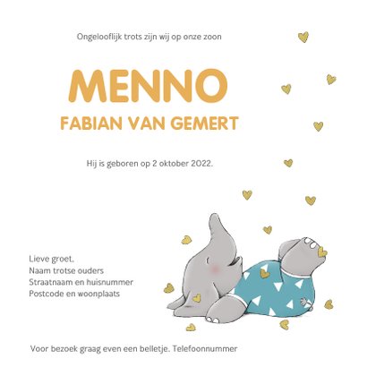 Vrolijk geboortekaartje met olifantje en vallende hartjes 3