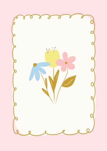 Vrolijk geboortekaartje met roze rand en bloemetjes 2