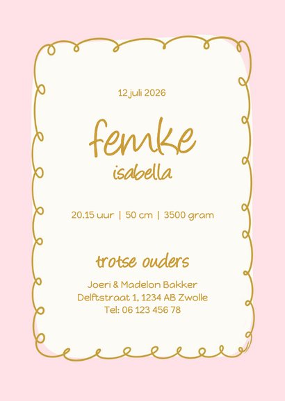 Vrolijk geboortekaartje met roze rand en bloemetjes 3