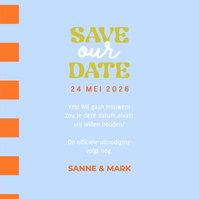 Vrolijk gekleurde save the date kaart met wave en blokjes 3