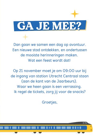 Vrolijk kaartje met illustratie van treinen - ga je mee? 3