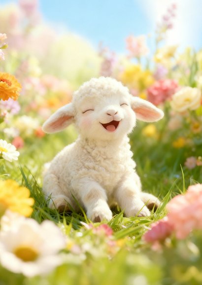 Vrolijk lente verjaardagskaartje met lam en bloemen 2