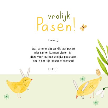 Vrolijk paaskaartje eieren kuiken konijn bloemen groen geel 3