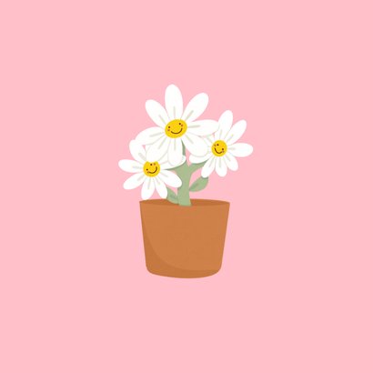 Vrolijk roze verjaardagskaartje met smiley bloemen 2
