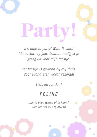 Vrolijk uitnodiging party met pastel bloemen en bril 3