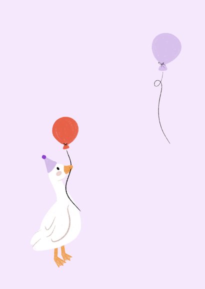 Vrolijk verjaardagskaartje in lila met eend en confetti 2