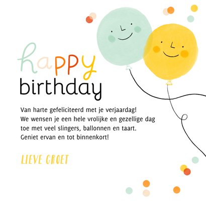 Vrolijk verjaardagskaartje met smiley ballonnen en confetti 3