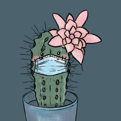 Vrolijke beterschapskaart van cactus met mondkapje op 2
