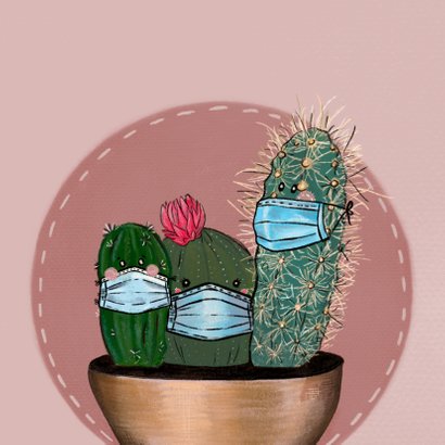 Vrolijke beterschapskaart van cactussen met mondkapjes 2