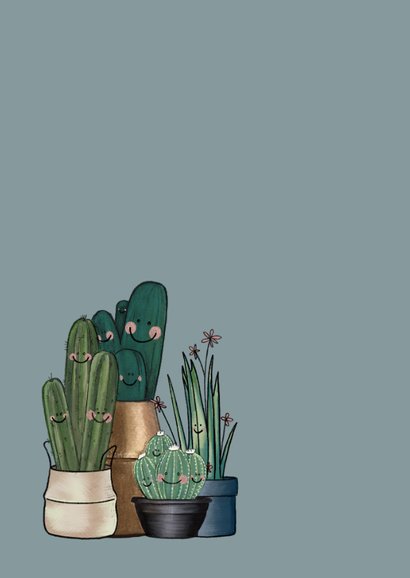 Vrolijke blauw-grijze verhuiskaart vol met cactussen 2