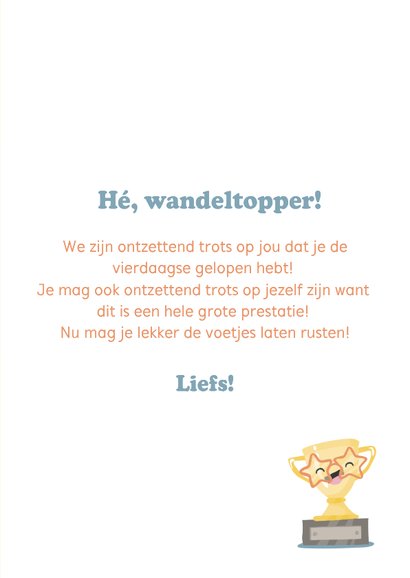 Vrolijke blauwe felicitatiekaart voor een wandelprestatie! 3