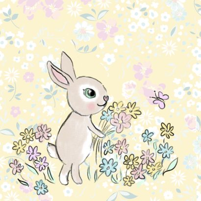 Vrolijke bloemen paaskaart met getekend konijntje 2