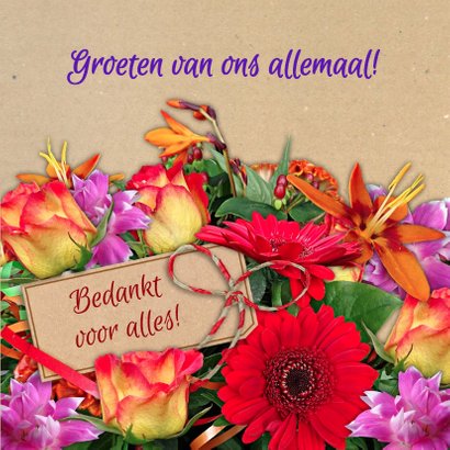 Vrolijke bloemenkaart met mooi boeket en kaartje voor naam 3